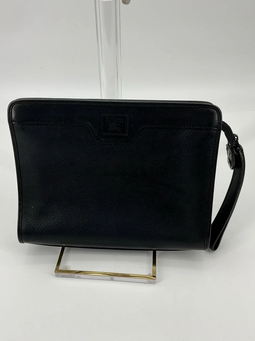 Burberrys Vintage Black Leather Nova Check Wristlet Clutch Pouch